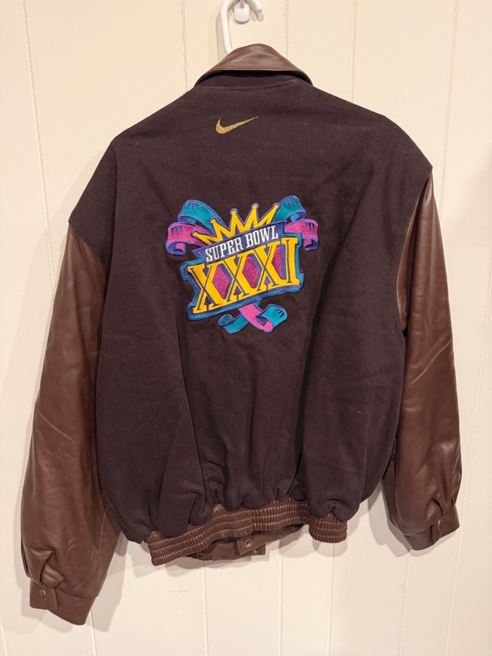 Vtg Nike Brown Bomber Jacket with Leather Sleeves and Super Bowl XXXI Patch